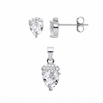 Silver CZ Heart Stud Earrings & Pendant Set