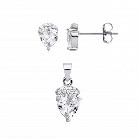 Silver CZ Heart Stud Earrings & Pendant Set