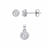 Silver CZ Round Stud Earrings & Pendant Set