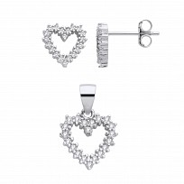 Silver CZ Heart Stud Earrings & Pendant Set