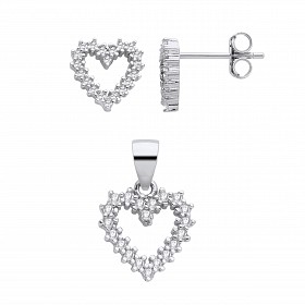 Silver CZ Heart Stud Earrings & Pendant Set