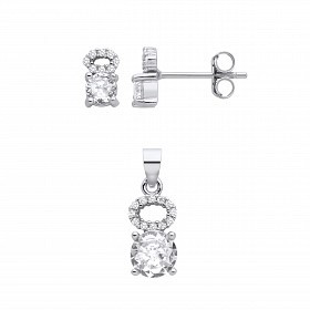 Silver CZ Fancy Stud Earrings & Pendant Set
