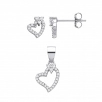 Silver CZ Heart Stud Earrings & Pendant Set