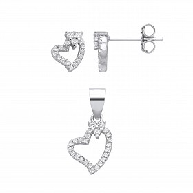 Silver CZ Heart Stud Earrings & Pendant Set