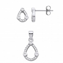 Silver CZ Tear Drop Stud Earrings & Pendant Set