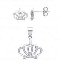Silver CZ Crown Stud Earrings & Pendant Set