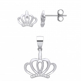 Silver CZ Crown Stud Earrings & Pendant Set