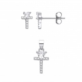 Silver CZ Stud Earrings & Pendant Set
