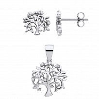 Silver CZ Tree Of Life Stud Earrings & Pendant Set