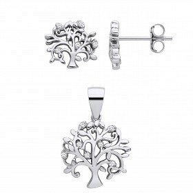 Silver CZ Tree Of Life Stud Earrings & Pendant Set