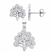 Silver CZ Tree Of Life Stud Earrings & Pendant Set