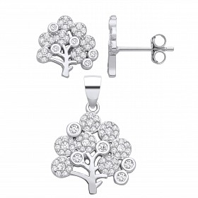 Silver CZ Tree Of Life Stud Earrings & Pendant Set