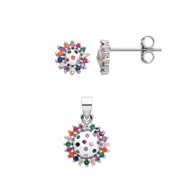 Silver CZ Multi Colour Cluster Stud Earrings & Pendant Set