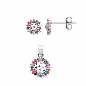 Silver CZ Multi Colour Cluster Stud Earrings & Pendant Set