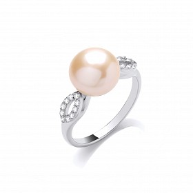 Silver Peach Button Shape Freshwater Pearl & CZ Ring
