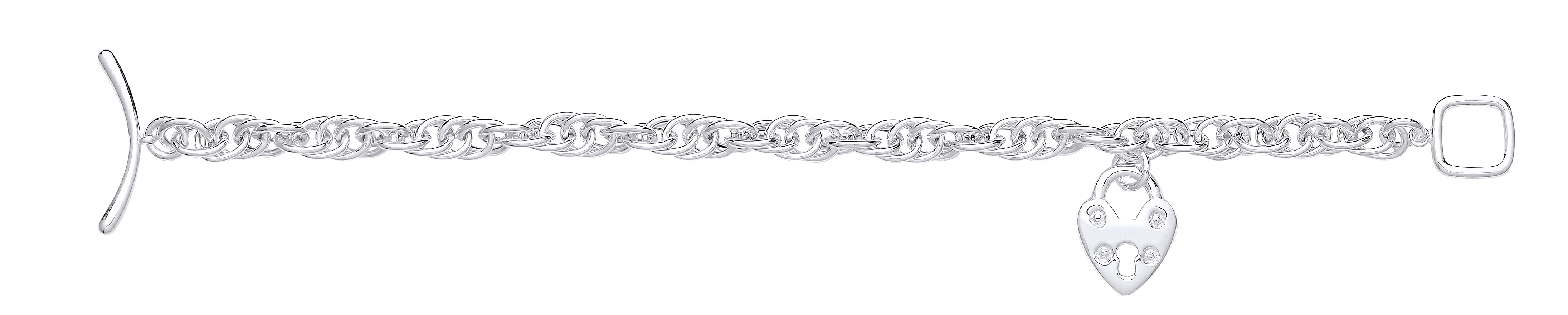 925 Sterling Silver Heart Padlock Charm & T-Bar 7.5