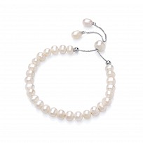 Silver CZ & White Rice Shape Fresh Water Pearl Bracelet