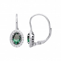 Silver CZ & Emerald  Halo Oval Drop Earrings