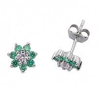 925 Sterling Silver CZ Emerald & White Cluster Studs