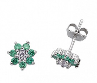 925 Sterling Silver CZ Emerald & White Cluster Studs