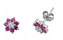 925 Sterling Silver CZ Ruby & White Cluster Studs
