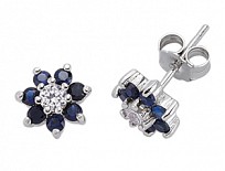 925 Sterling Silver CZ White Centre and Sapphire Cluster Studs