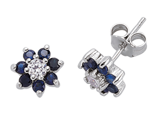 925 Sterling Silver CZ White Centre and Sapphire Cluster Studs