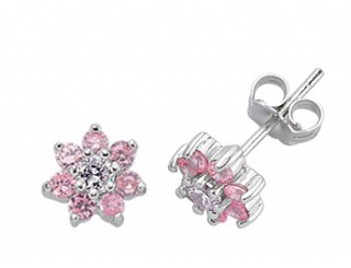 925 Sterling Silver CZ Pink & White Cluster Studs