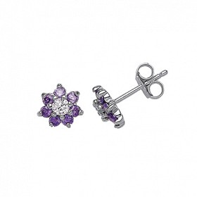 925 Sterling Silver CZ Amythyst & White Cluster Studs