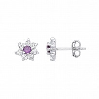 925 Sterling Silver Outer Colourless Cubic Zirconia & Amethyst Cubic Zirconia Centre Cluster Studs