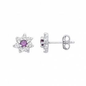 925 Sterling Silver Outer Colourless Cubic Zirconia & Amethyst Cubic Zirconia Centre Cluster Studs