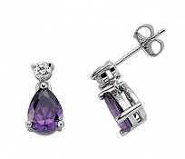 925 Sterling Silver CZ Amethyst Pear Drop Earrings