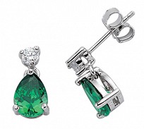 925 Sterling Silver CZ Emerald Pear Drop Earrings