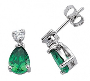 925 Sterling Silver CZ Emerald Pear Drop Earrings