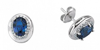 925 Sterling Silver CZ Oval Sapphire Studs With CZ & Polished Surrounding
