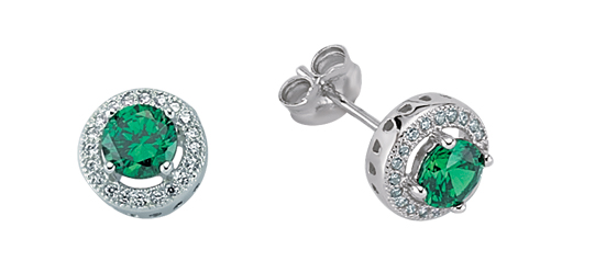 925 Sterling Silver CZ Round Emerald Studs With Micropavé Surroundings