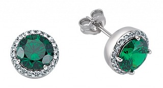 925 Sterling Silver CZ Round Emerald Earrings With Micropavé Surroundings