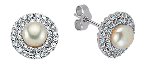 925 Sterling Silver Cubic Zirconia & Pearl Micro Pave Stud Earrings