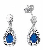 925 Sterling Silver CZ Tear Drop Earrings With Sapphire Stone Centre