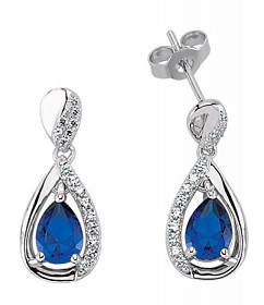 925 Sterling Silver CZ Tear Drop Earrings With Sapphire Stone Centre