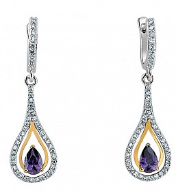 925 Sterling Silver Gold Plated CZ & Amethyst Tear Drop Earrings