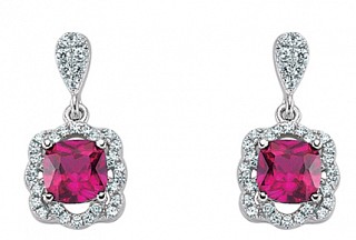925 Sterling Silver CZ Ruby and Micropavé Cushion Cut Drop Earrings