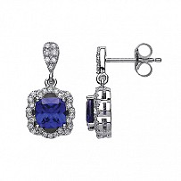 925 Sterling Silver CZ Sapphire and Micropavé Cushion Cut Drop Earrings