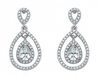 925 Sterling Silver Cubic Zirconia Pear Shape Double Halo Dangle Earrings