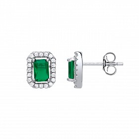 925 Sterling Silver Cubic Zirconia Emerald-Cut Emerald Micro Pavé Earring