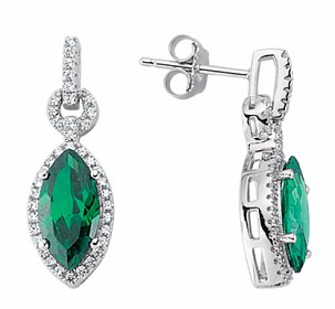 925 Sterling Silver Cubic Zirconia & Emerald Marquise Shape Drop Earrings