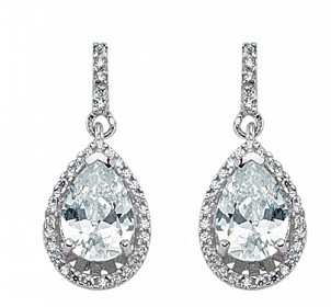 925 Sterling Silver CZ Micro Pave Border Pear Shape Drop Earrings