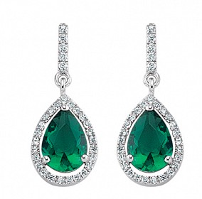 925 Sterling Silver CZ Emerald MicroPave Border Pear Shape Drop Earrings