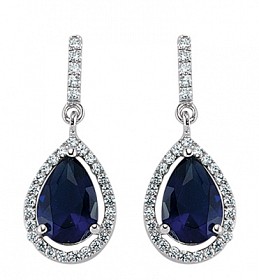 925 Sterling Silver CZ Sapphire MicroPave Border Pear Shape Drop Earrings