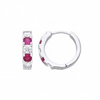 Silver Alternating Clear & Ruby Micro Pave Hoop Earrings